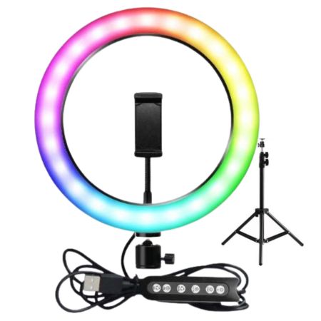 Kit Completo Anel de Luz LED Com Tripé e Suporte para Celular Ring Light 26cm RGB 10 Polegadas Fotos e Vídeos Profissionais
